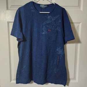 Polo Ralph Lauren Indigo Blue Dyed Oriental Print Embroidered Tee, Mens XL